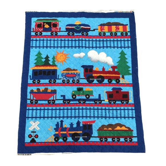 Vintage Dream Spinners VIP Cranston Fabric Panel Quilted Trains Blue 34x43 In - Picture 1 of 10